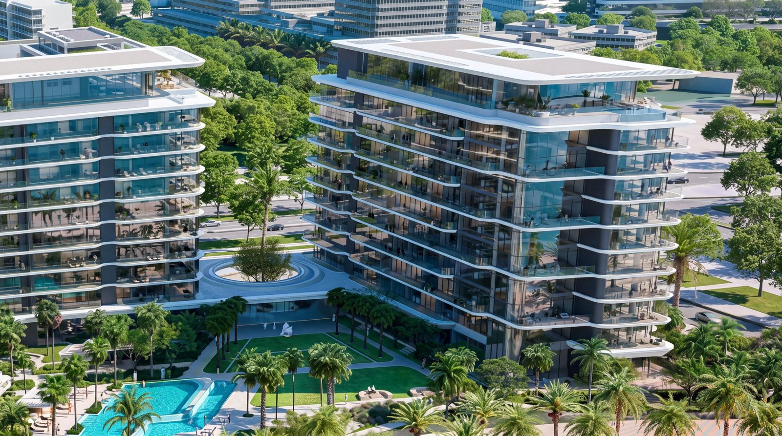 Elevated waterfront vista of JW Marriott Residences on Yas Island showcasing direct private shoreline access and the Yas Bay promenade setting.