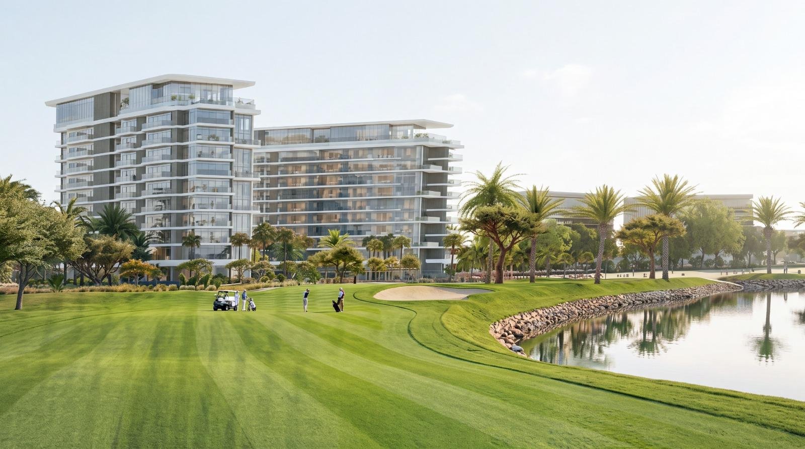 Exterior sunset elevation of JW Marriott Residences highlighting sweeping views across the Arabian Gulf and adjacent Yas Links golf course.